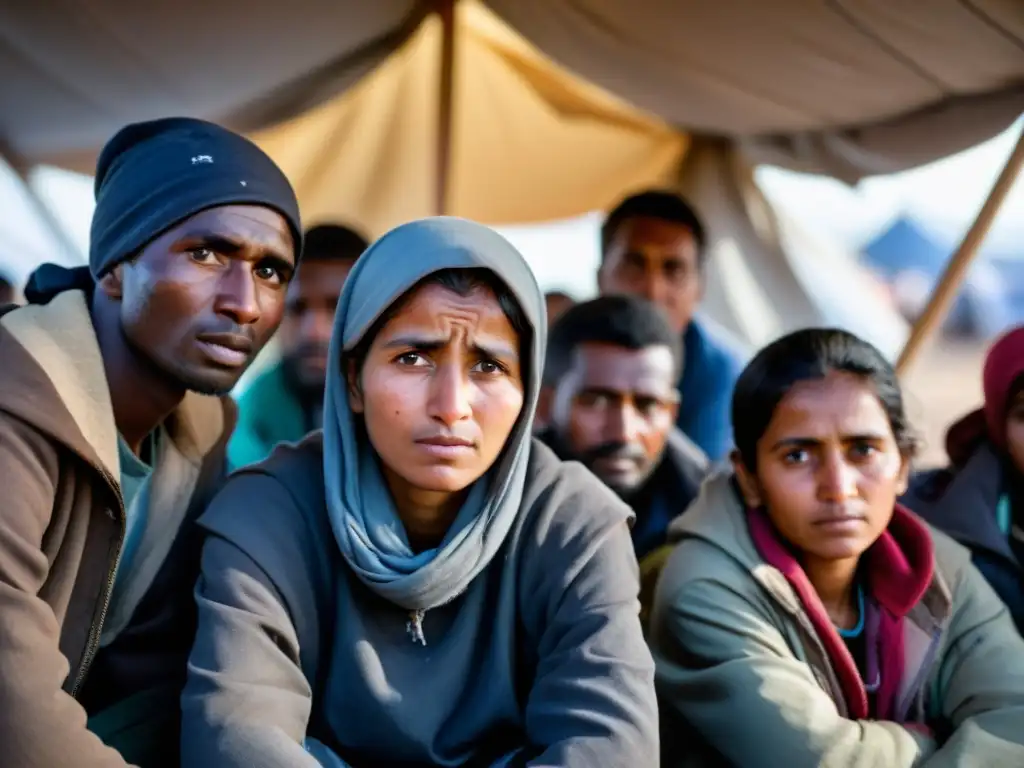 Un grupo de refugiados se resguarda en un refugio improvisado, transmitiendo esperanza y fortaleza