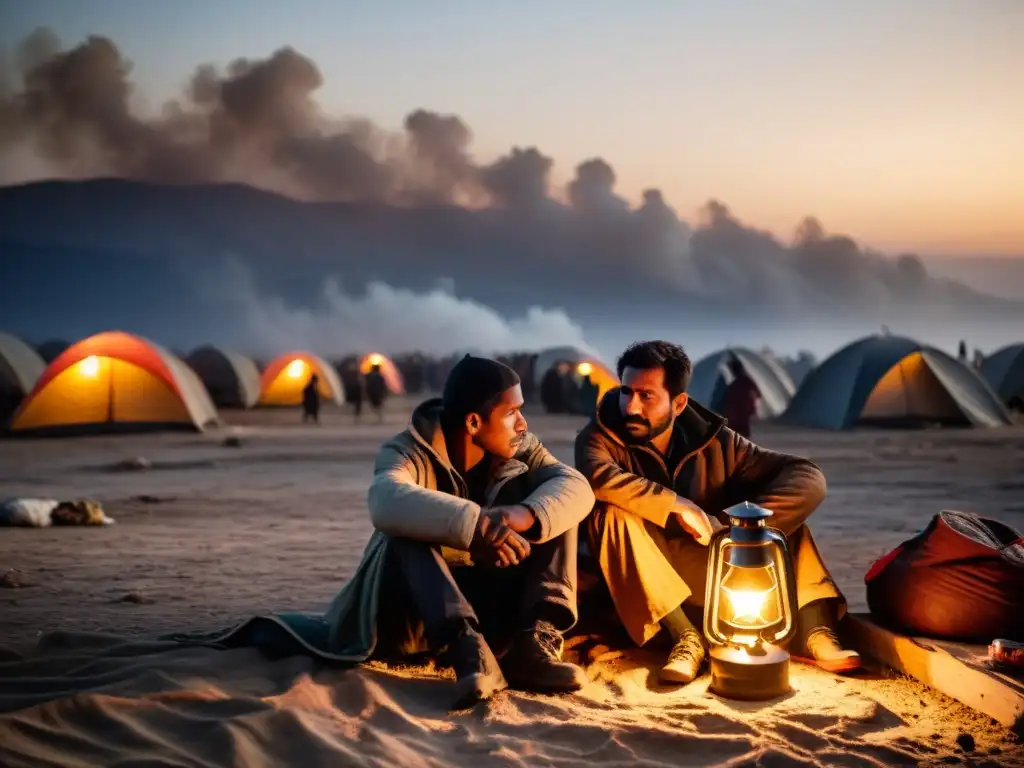 Un grupo de refugiados se resguarda en un refugio improvisado en una zona marginal de conflicto, con rostros cansados iluminados por una linterna