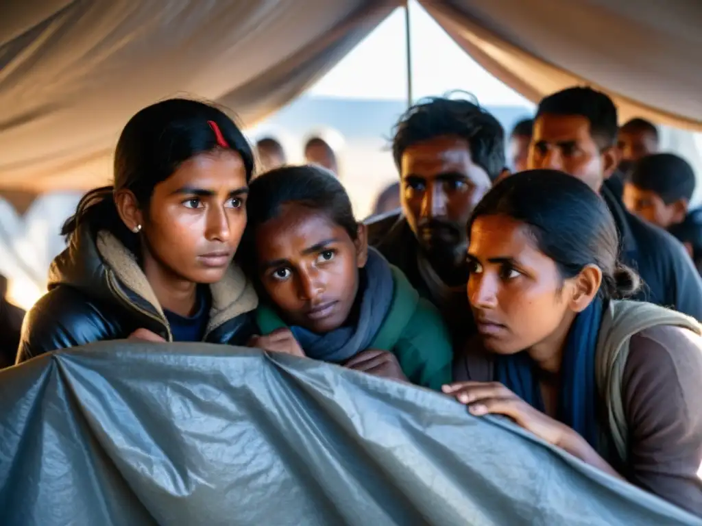 Un grupo de refugiados reunidos en un refugio improvisado, mostrando determinación a pesar del desafío salud refugiados conflicto