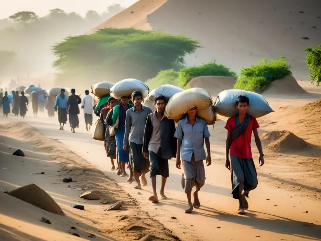 Un grupo de refugiados Rohingya camina por un camino polvoriento con sus pertenencias