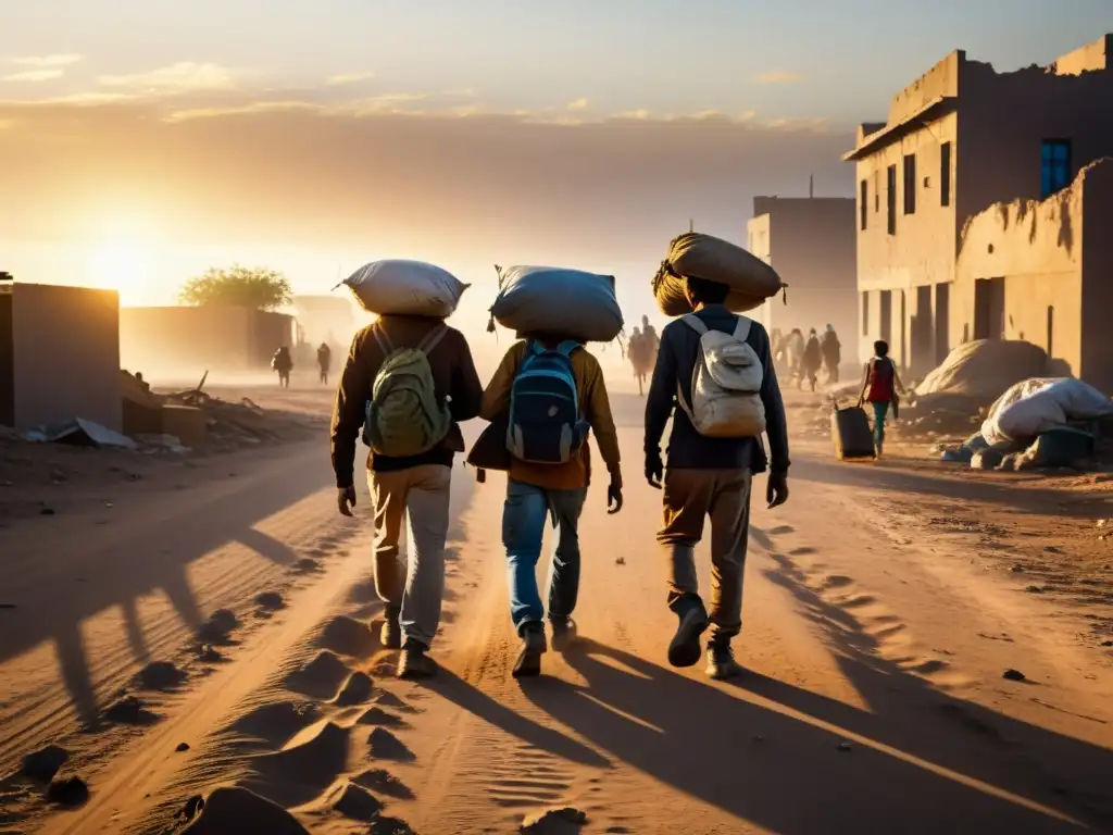 Grupo de refugiados caminando entre ruinas al atardecer, con secuelas invisibles conflictos armados