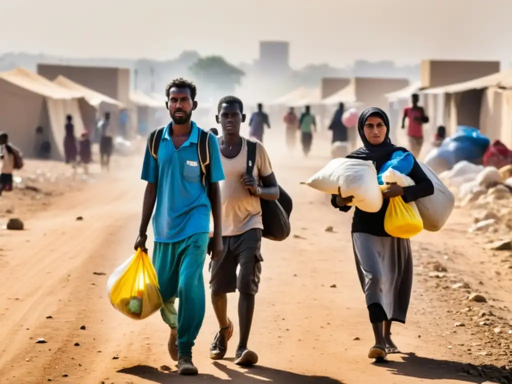 Un grupo de refugiados camina bajo el sol abrasador, con expresiones cansadas pero determinadas