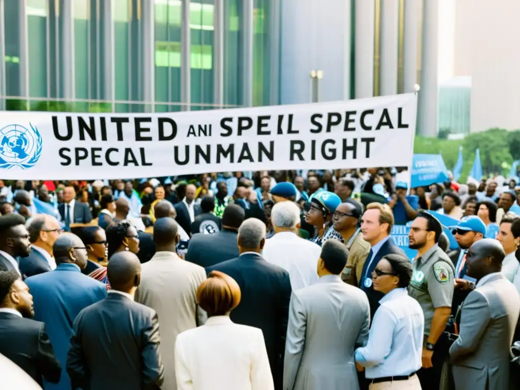 Grupo de Relatores Especiales ONU derechos humanos y manifestantes frente a la sede de la ONU, en una escena impactante y significativa