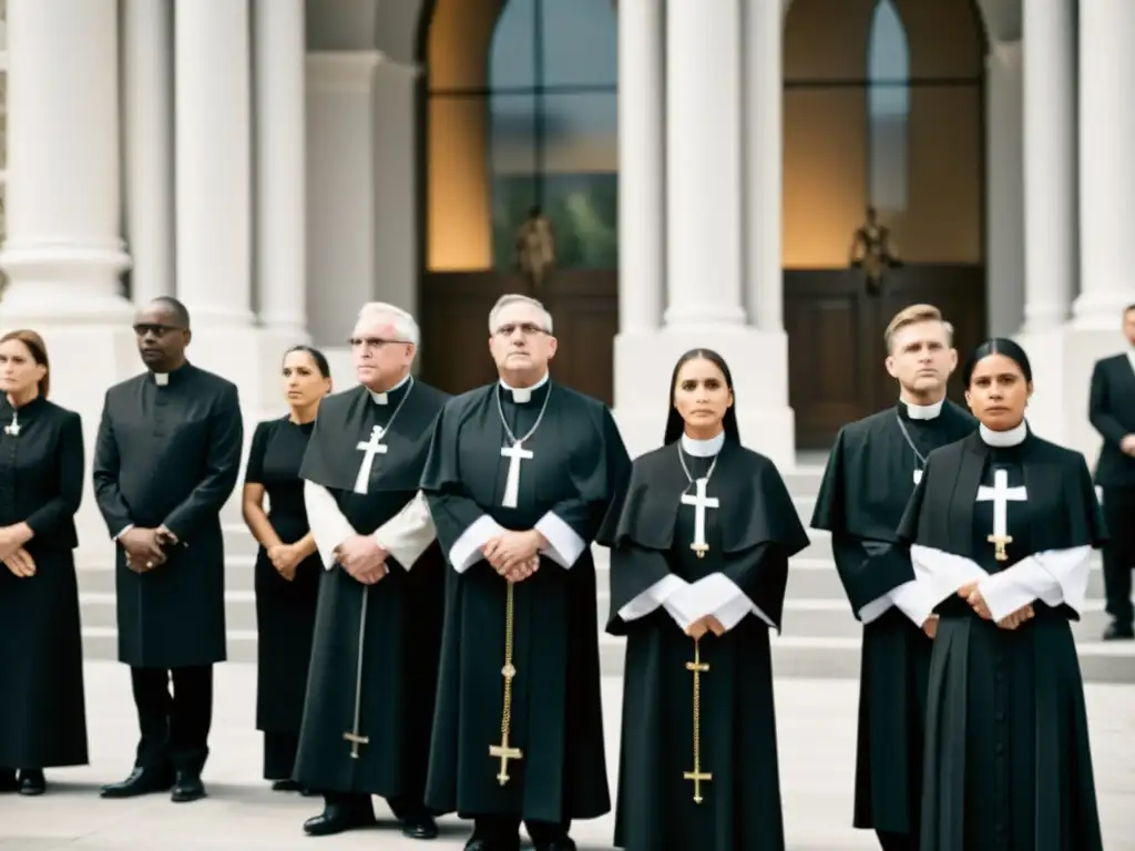 Grupo de sacerdotes y monjas en protesta silenciosa frente a una iglesia