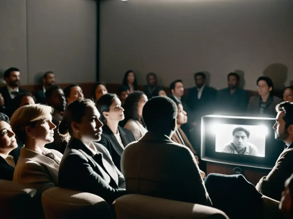 Grupo en sala subterránea viendo cine desafiante regímenes autoritarios, con expresiones intensas