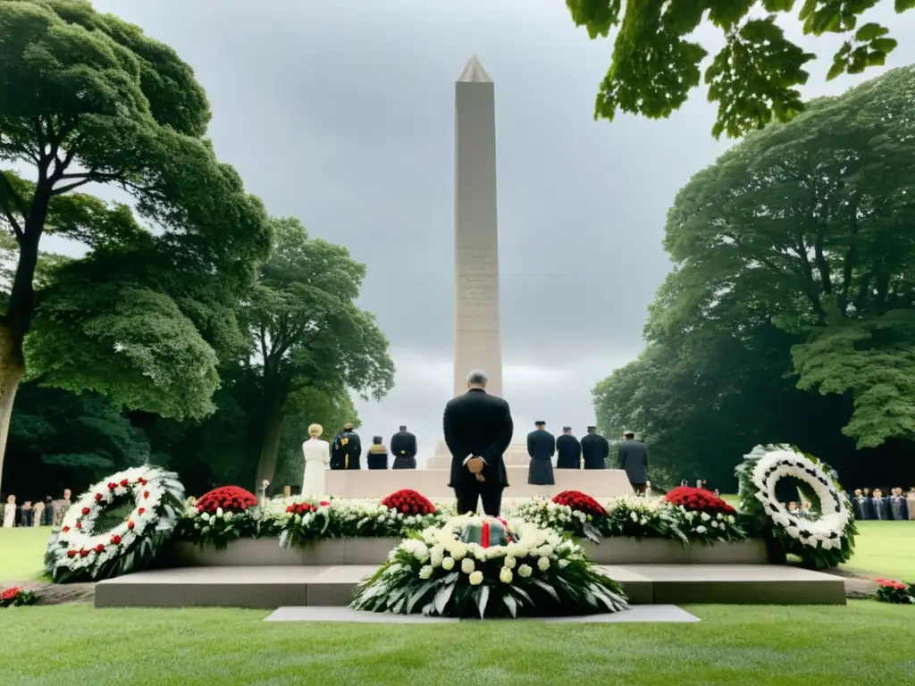 Grupo en silencio frente a un monumento de guerra, honrando la preservación de la memoria histórica