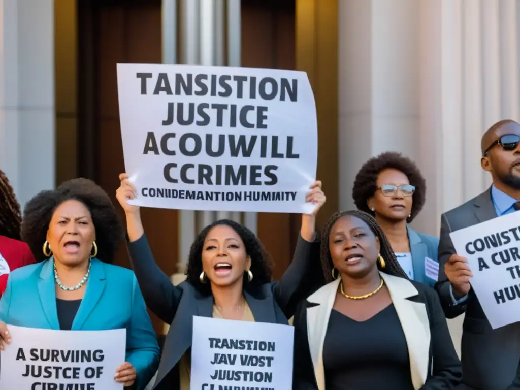 Grupo de sobrevivientes y activistas frente a un tribunal, expresando determinación y compromiso por los retos y logros de la justicia transicional