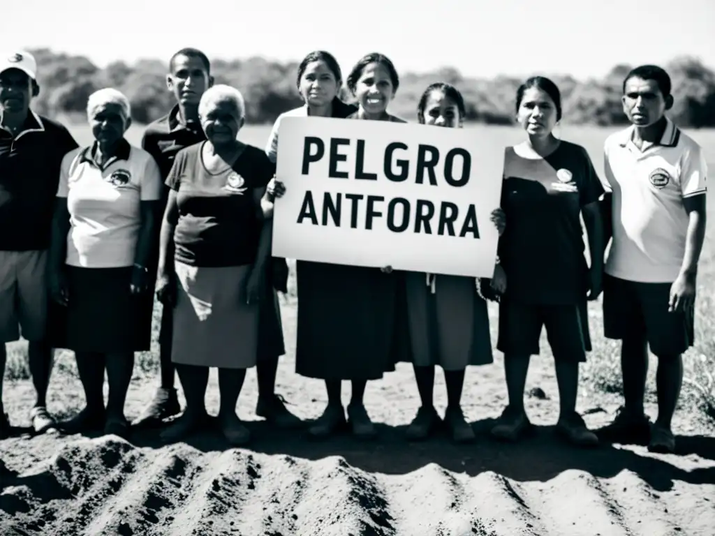 Un grupo de sobrevivientes de minas antipersona, unidos en fuerza y esperanza, frente a un cartel de 'Peligro: Minas Antipersona'