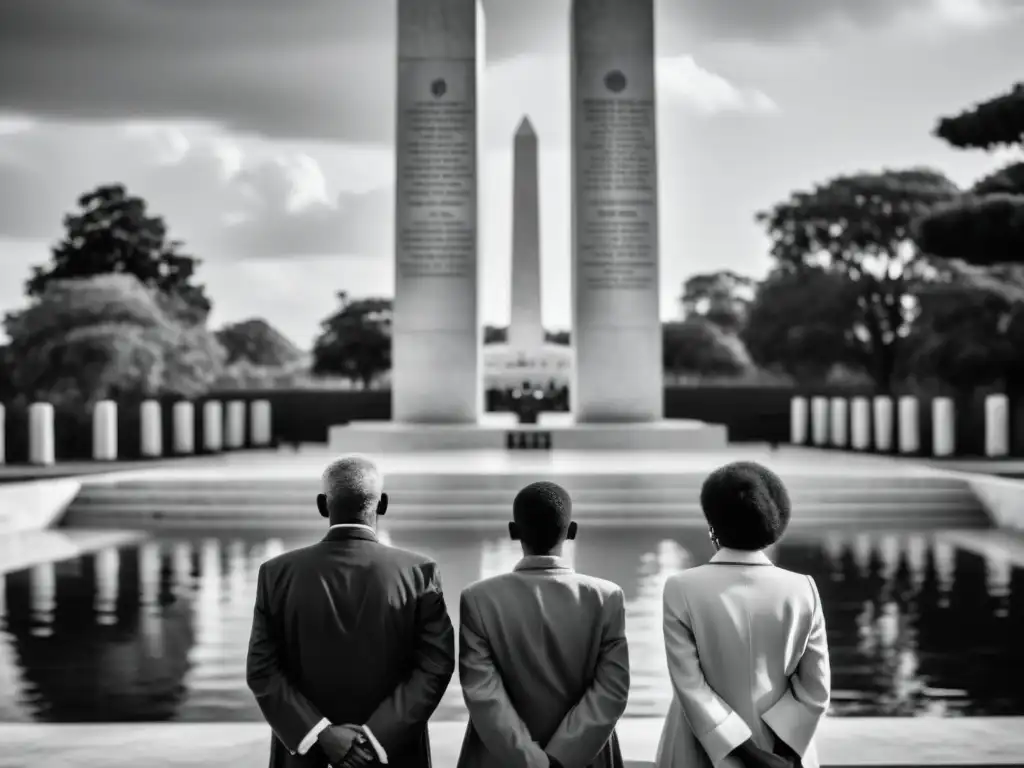 Grupo de sobrevivientes en monumento, evocando análisis crítico Convención prevención genocidio