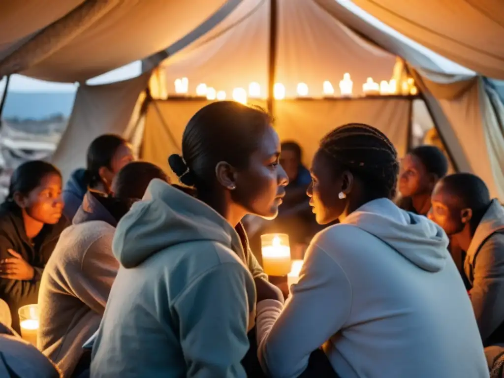 Un grupo de sobrevivientes se reúne en un refugio improvisado, iluminados por la tenue luz de una vela