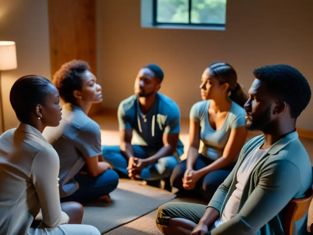 Grupo de sobrevivientes en terapia, compartiendo experiencias con un terapeuta compasivo