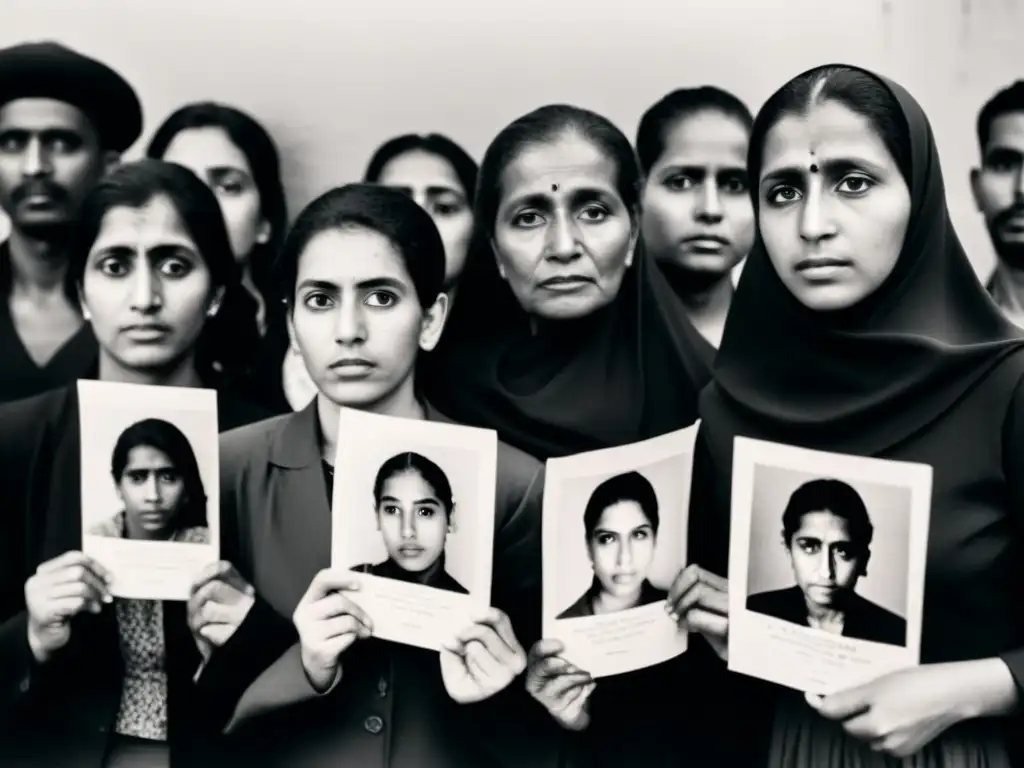 Grupo de sobrevivientes de tortura en centros clandestinos sostienen fotos de sus seres queridos desaparecidos, mostrando su dolor y resiliencia