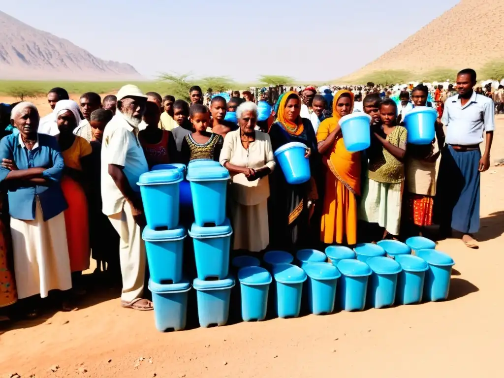 Grupo espera bajo sol abrasador la distribución de agua, reflejando la escasez hídrica crisis derechos humanos