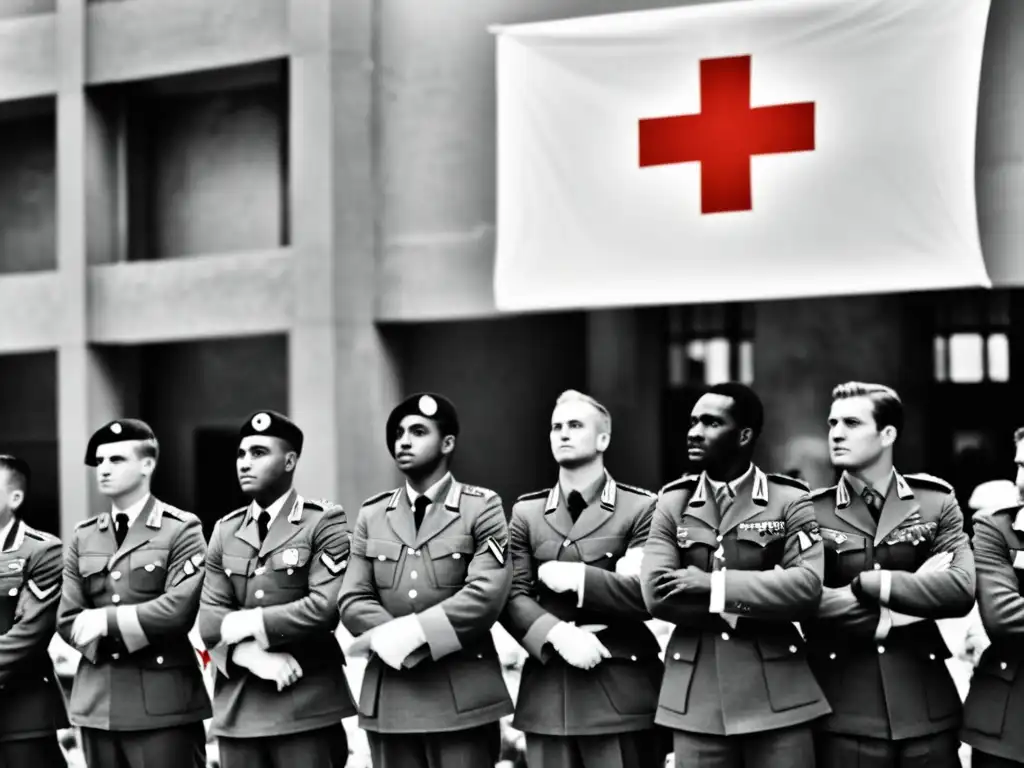 Un grupo de soldados de diferentes países sostienen sus banderas frente a un edificio que muestra el símbolo de la Cruz Roja