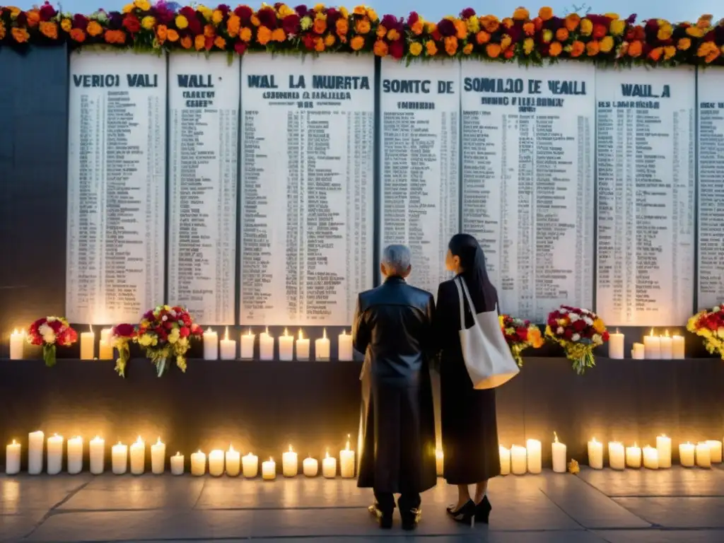 Un grupo sombrío rinde tributo a víctimas de 'vuelos de la muerte' en una pared imponente con ofrendas