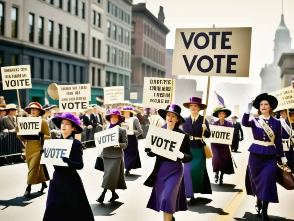 Un grupo de sufragistas marchando con determinación y pancartas en una bulliciosa calle de la ciudad, abogando por el voto femenino