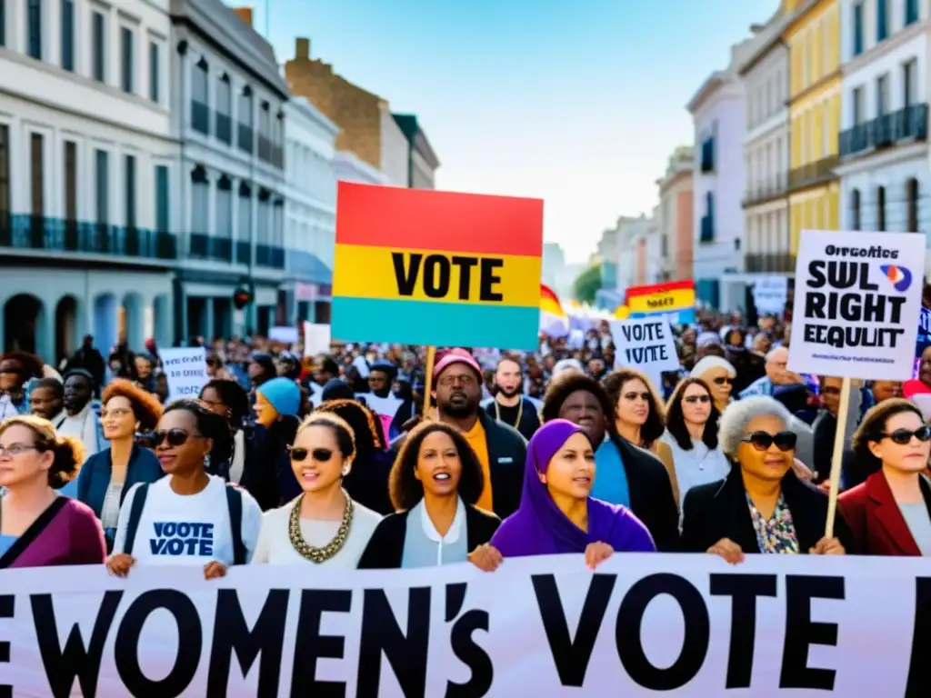 Un grupo de sufragistas marcha con determinación en una protesta pacífica, exigiendo el voto femenino