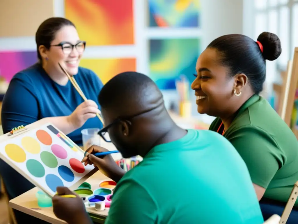 Grupo participando en taller de arte, expresando derechos y discapacidad con creatividad y alegría