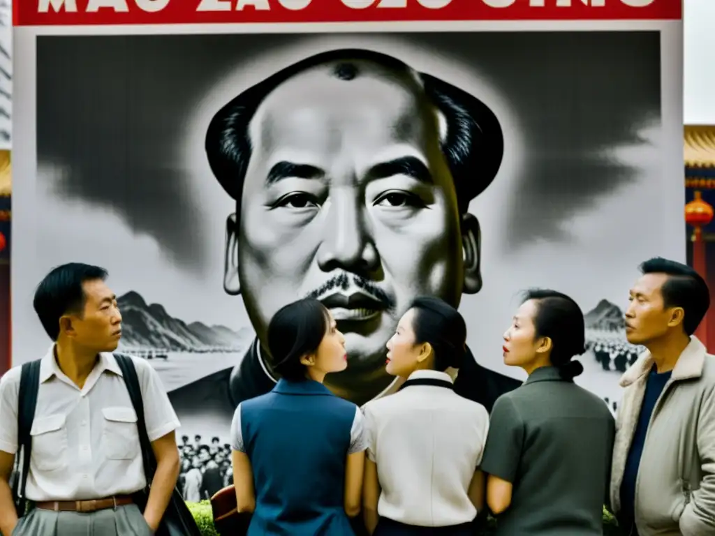 Grupo tenso frente a póster de Mao en la China de Mao, reflejando la censura y el miedo durante la Revolución Cultural