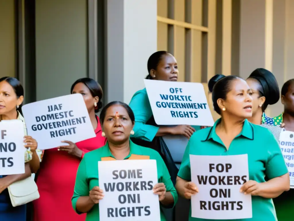 Grupo de trabajadoras del hogar luchando por el reconocimiento de sus derechos frente a un edificio gubernamental, expresando determinación y unidad