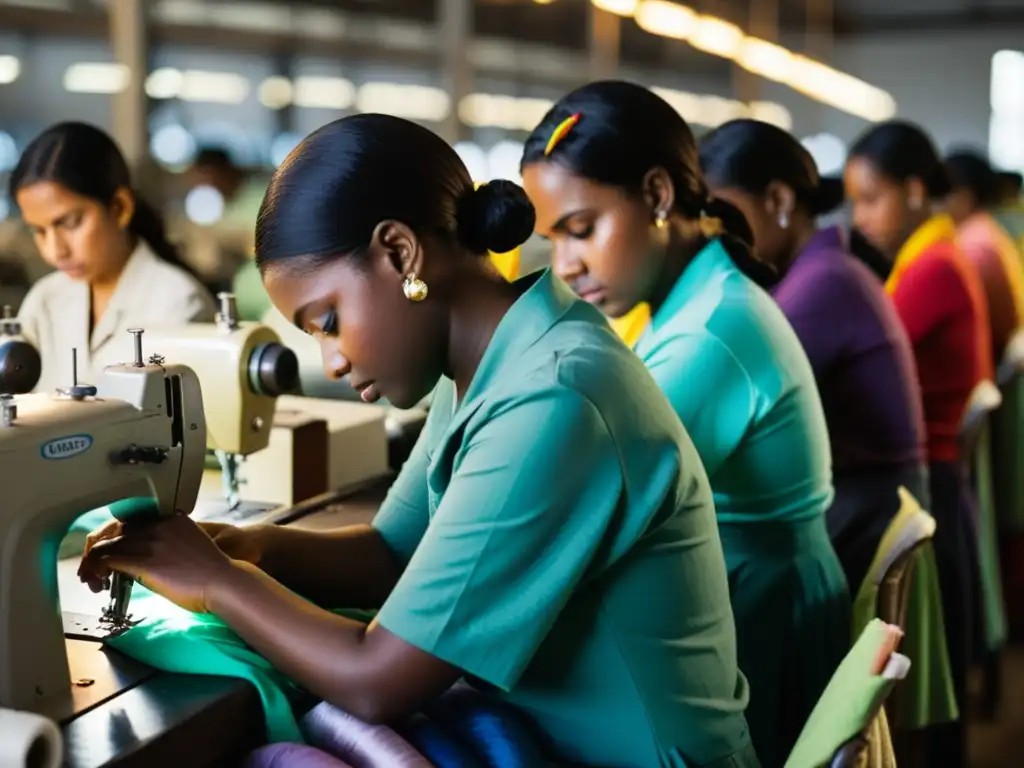 Un grupo de trabajadoras del textil laboran con determinación en una fábrica abarrotada y tenue, rodeadas de telas y carretes de hilo