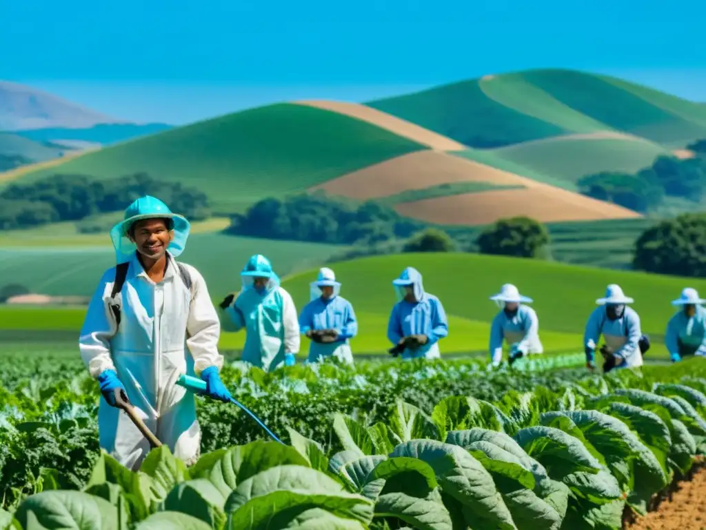 Un grupo de trabajadores agrícolas rociando agroquímicos orgánicos en campos vibrantes, mostrando progreso en derechos humanos globales