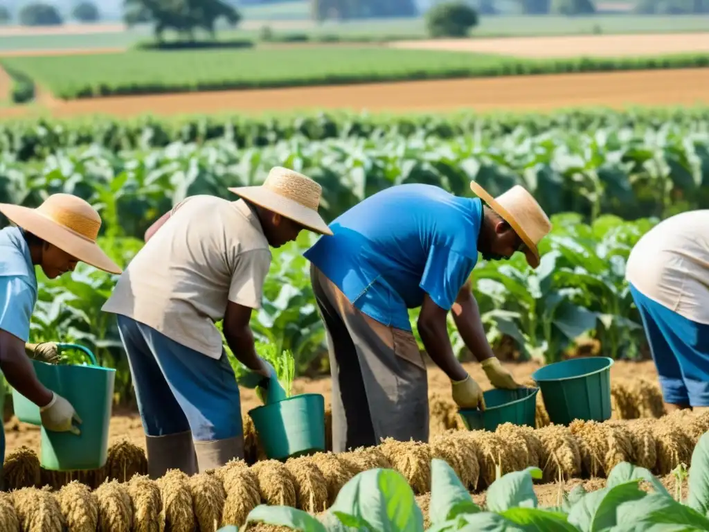 Un grupo de trabajadores agrícolas en un campo soleado recolectando cultivos bajo la atenta mirada de un supervisor