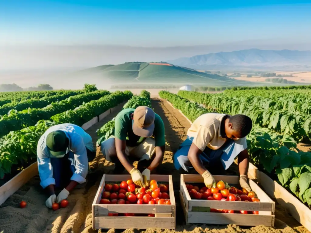 Un grupo de trabajadores agrícolas migrantes recolectando tomates bajo el sol, transmitiendo determinación y cansancio