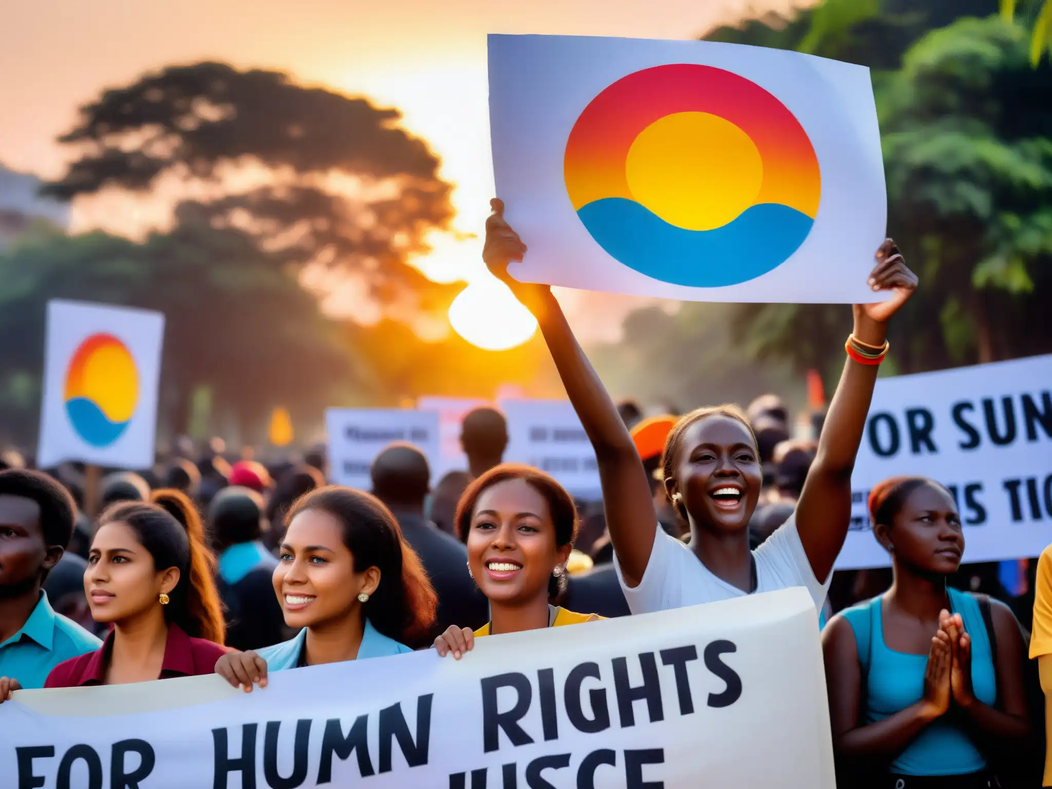 Un grupo de trabajadores apasionados de ONGs defienden los derechos humanos en una protesta pacífica al atardecer