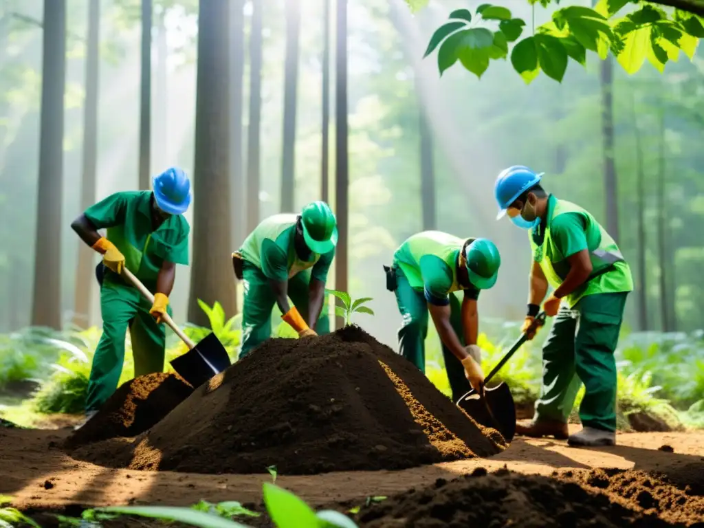 Un grupo de trabajadores diversos plantando árboles en un bosque exuberante