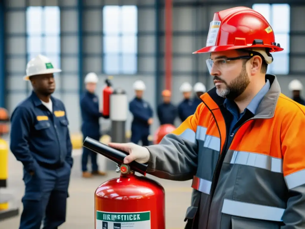 Un grupo de trabajadores atentos aprendiendo sobre el uso de extintores en un entorno industrial