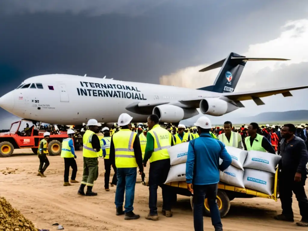 Un grupo de trabajadores de ayuda internacional descargando suministros de un avión en una región remota y devastada por la guerra