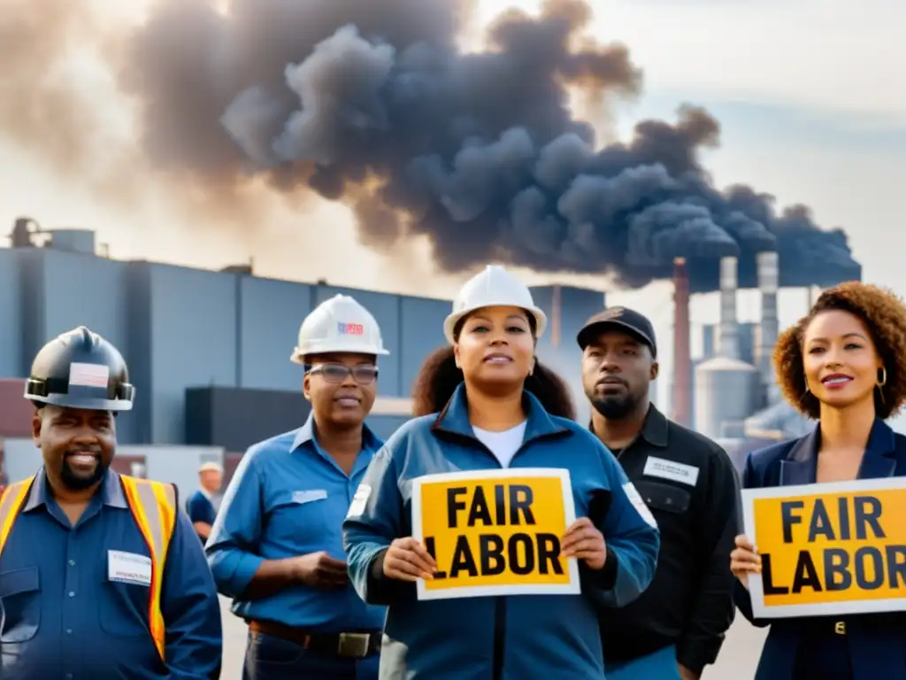 Un grupo de trabajadores diversos defiende la promoción de derechos laborales dignos frente a una fábrica activa