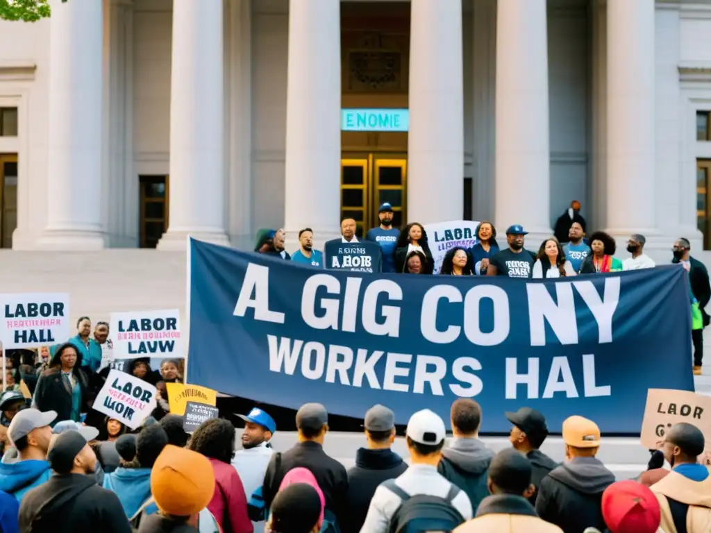 Un grupo de trabajadores de la economía gig se reúne frente al ayuntamiento, sosteniendo pancartas con consignas sobre derechos laborales