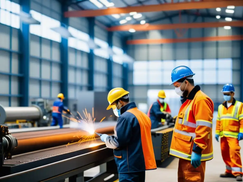 Trabajadores industriales determinados y seguros en acción Un grupo de trabajadores con equipo de protección laboral trabajando en una fábrica