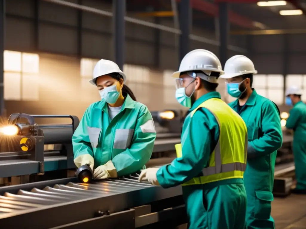 Trabajadores en fábrica: tensión y lucha laboral Un grupo de trabajadores en fábrica bajo luces industriales, algunos en la línea de ensamblaje, otros en tensa discusión con la gerencia