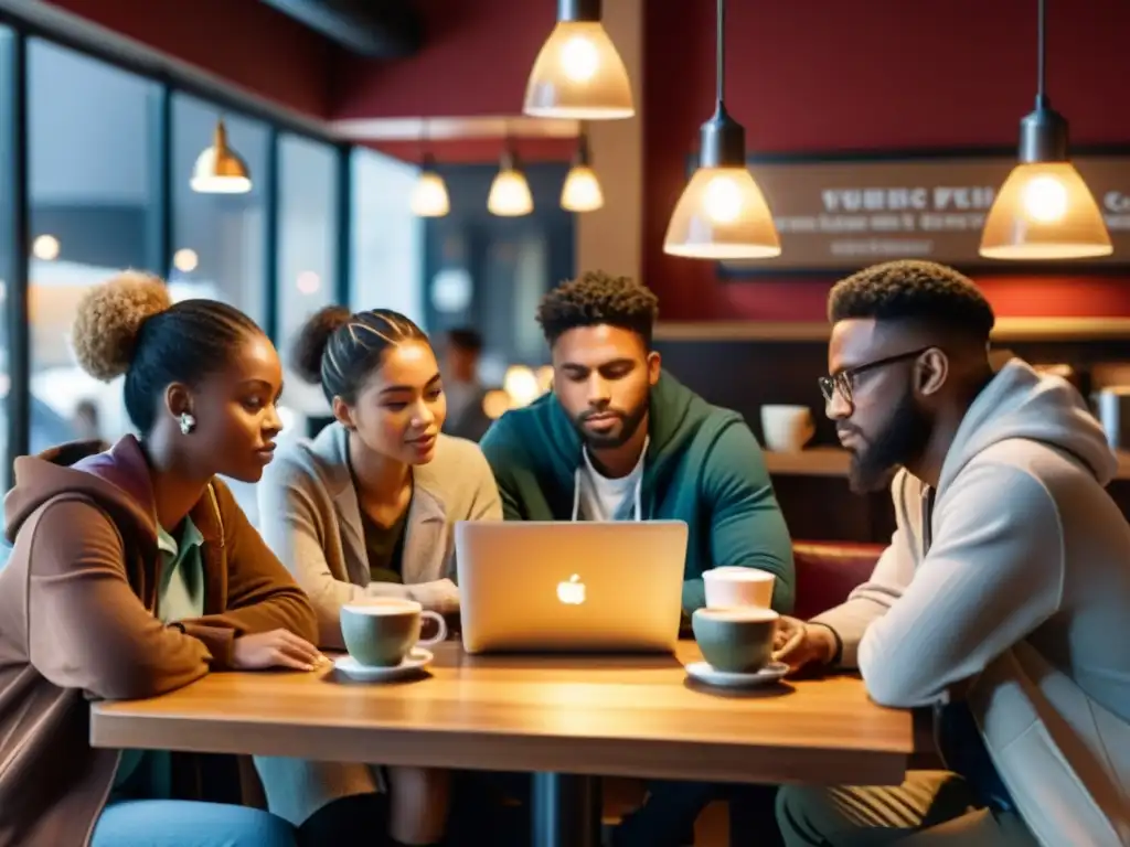 Un grupo de trabajadores freelance concentrados en sus laptops en una cafetería, capturando la esencia dinámica y desafiante del trabajo independiente