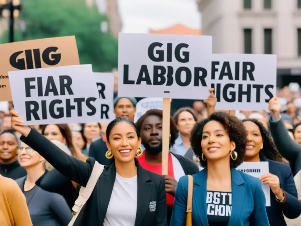 Un grupo de trabajadores de la gig economy se reúnen en una bulliciosa plaza de la ciudad, protestando por derechos laborales justos