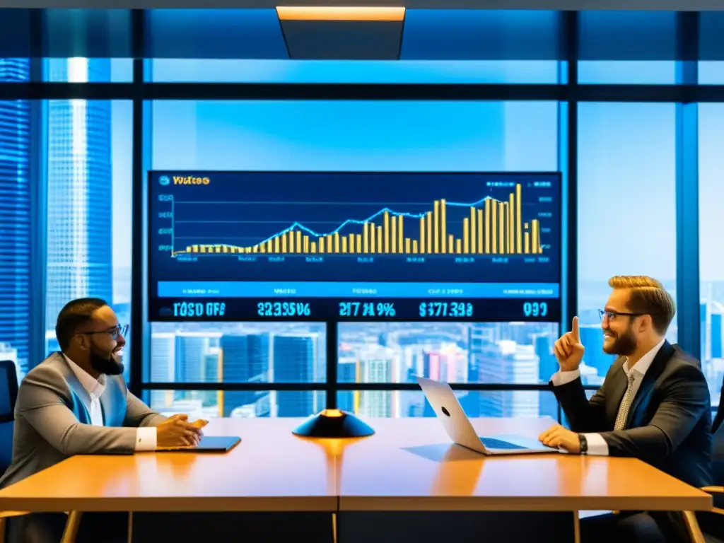 Debate apasionado: impacto de la criptomoneda en el trabajo Grupo de trabajadores debaten apasionadamente sobre el impacto de criptomonedas en relaciones laborales, con gráficos digitales de fondo