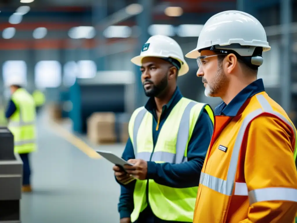 Un grupo de trabajadores industriales, meticulosos en su inspección de seguridad, promueve la prevención de enfermedades profesionales laborales