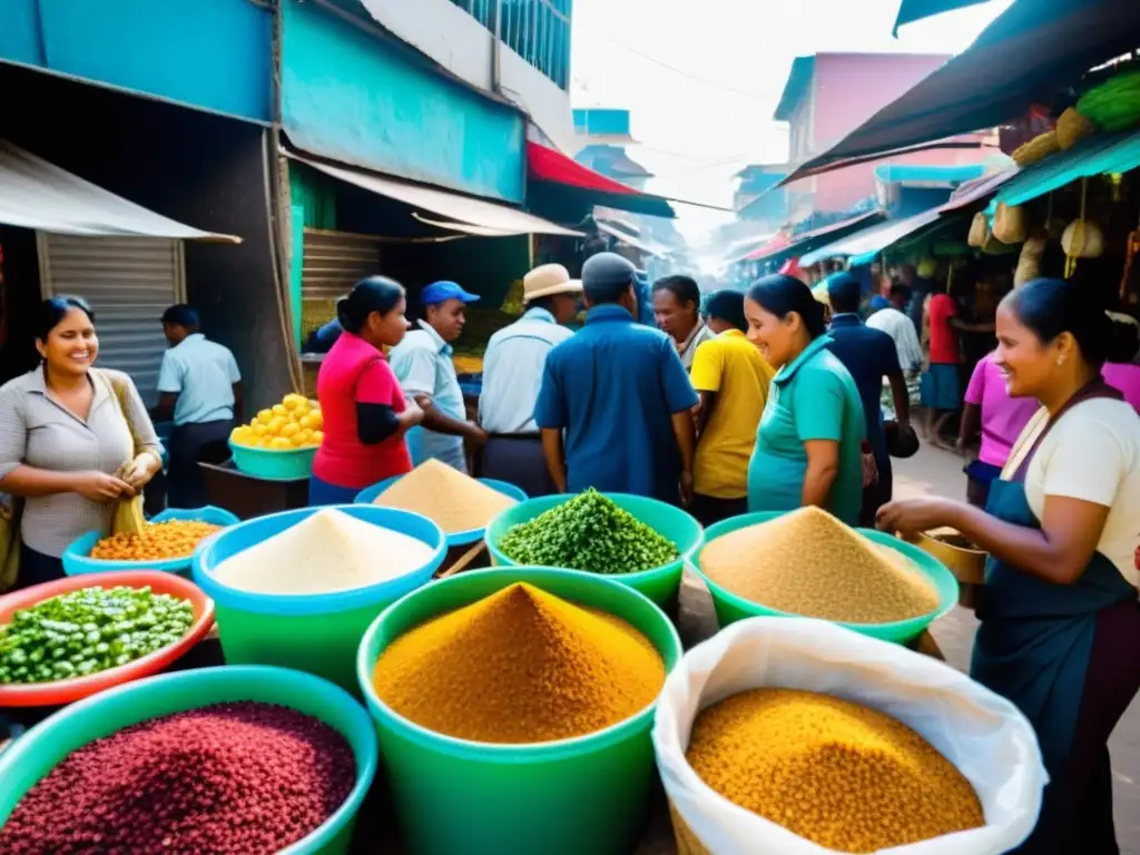 Grupo de trabajadores informales en un bullicioso mercado, mostrando diversidad de oficios