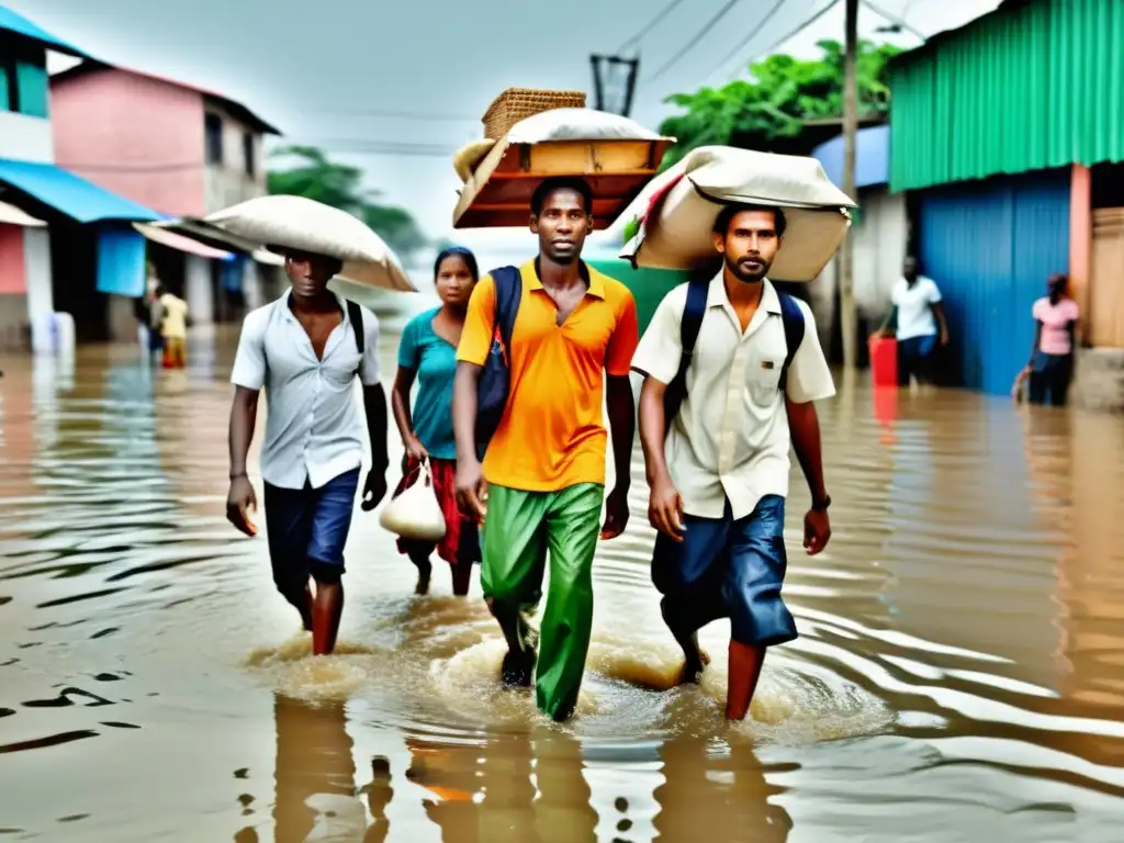 Grupo de trabajadores informales llevando mercancías sobre sus cabezas en una calle inundada, mostrando el impacto del cambio climático en la economía informal