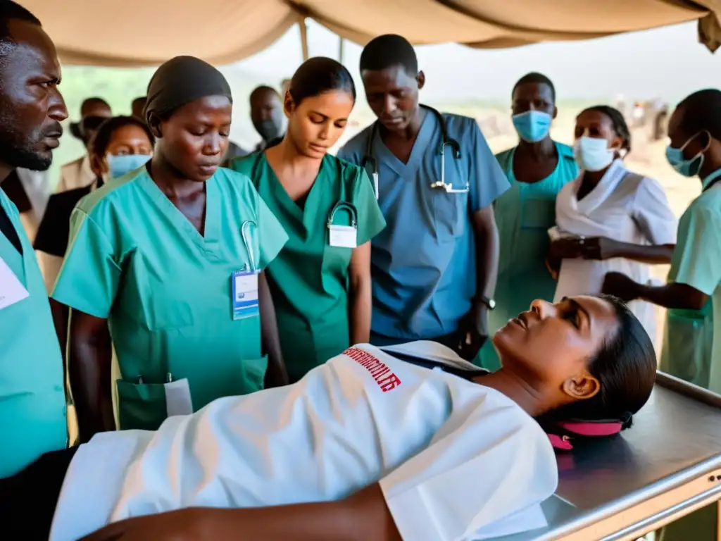 Grupo de trabajadores médicos agotados atienden a civiles heridos en una clínica improvisada en una región en conflicto, reflejando la crisis humanitaria y la atención médica en conflictos marginados