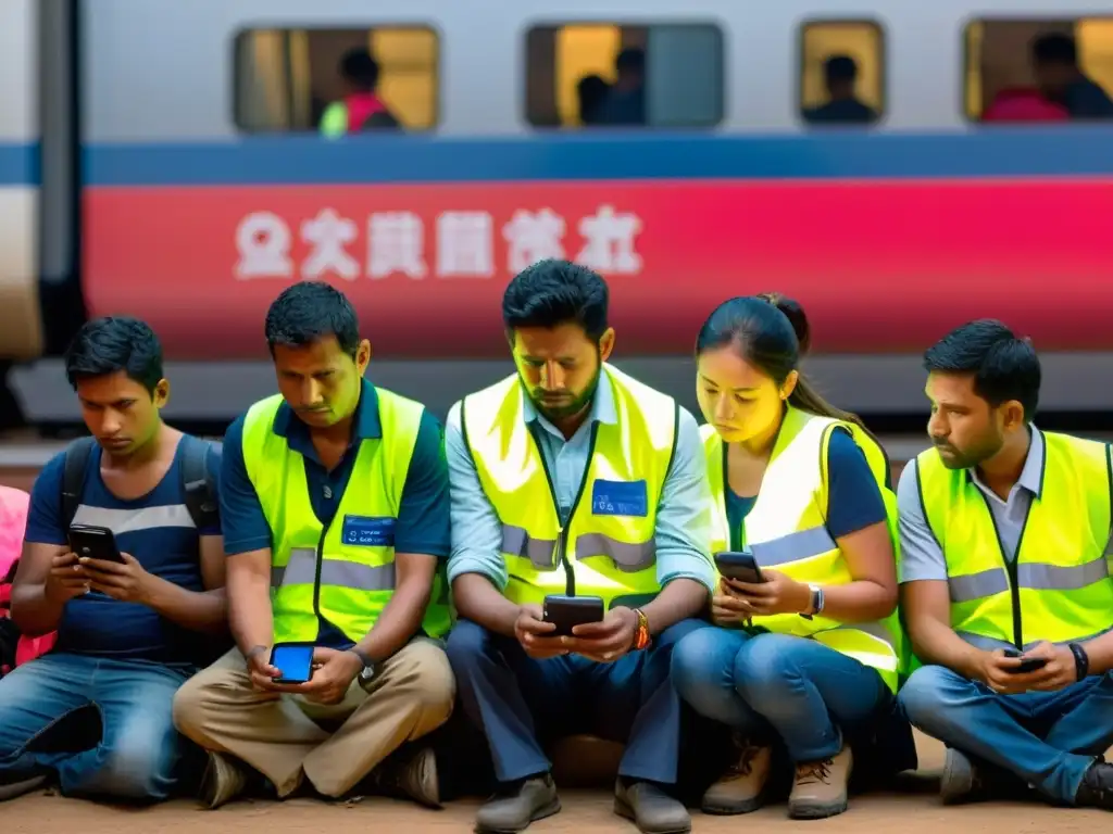 Un grupo de trabajadores migrantes cansados pero determinados se reúnen en una estación de tren abarrotada, mirando sus teléfonos