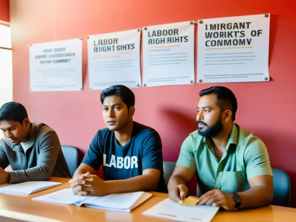 Grupo de trabajadores migrantes discutiendo derechos laborales en la economía digital, mostrando determinación y solidaridad