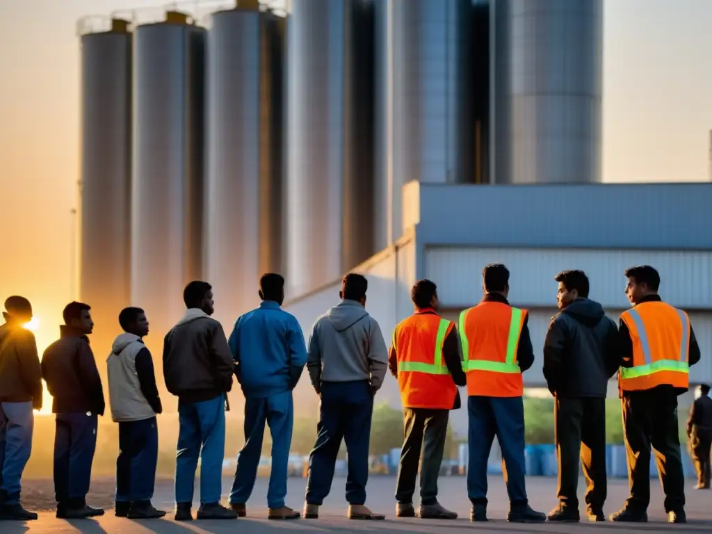 Grupo de trabajadores migrantes esperando afuera de la fábrica al atardecer