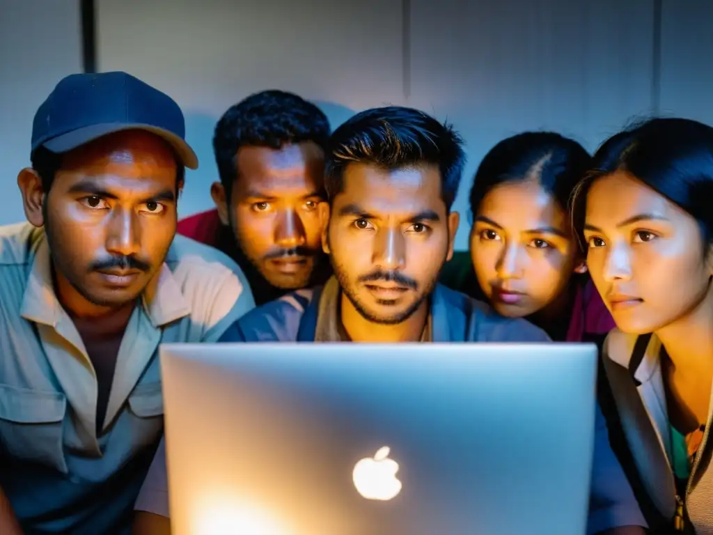 Grupo de trabajadores migrantes frente a la pantalla, luchando por derechos laborales en la economía digital