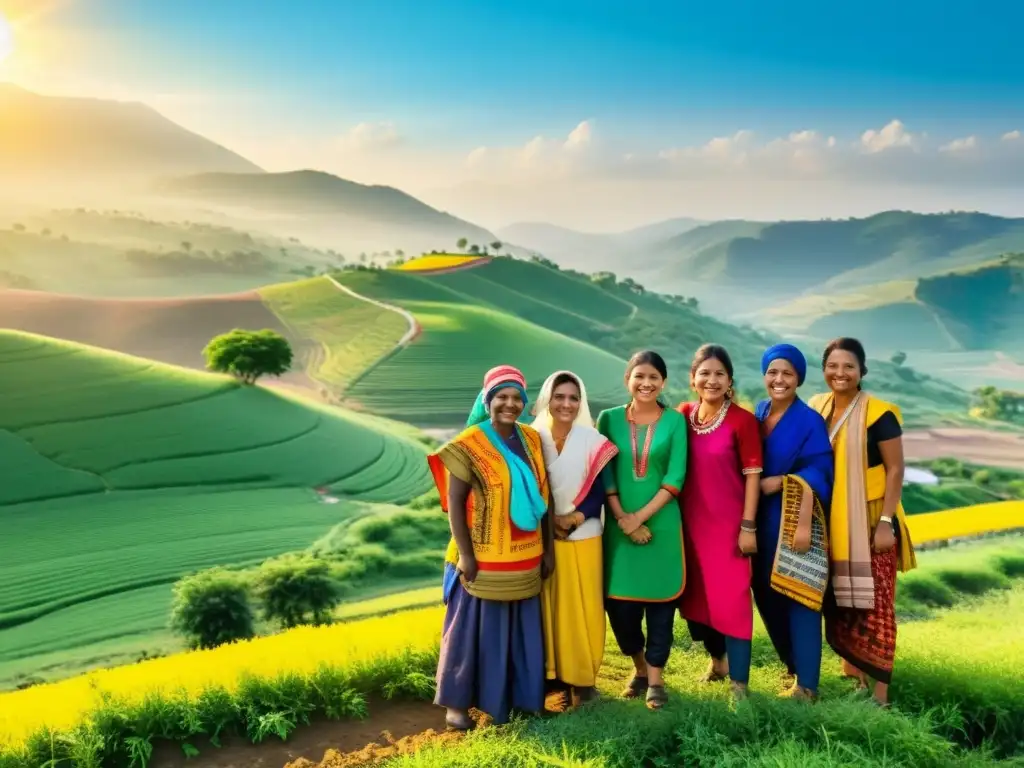 Un grupo de trabajadores migrantes de diferentes países, unidos y sonrientes en un campo, vestidos con trajes tradicionales coloridos