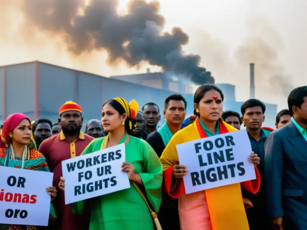 Un grupo de trabajadores migrantes de diferentes países usando trajes tradicionales coloridos, con expresiones decididas