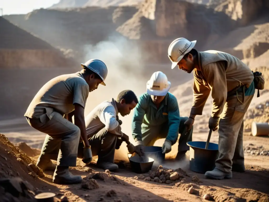 Un grupo de trabajadores laborando en una mina en zona de conflicto, extrayendo minerales entre condiciones duras y tensas